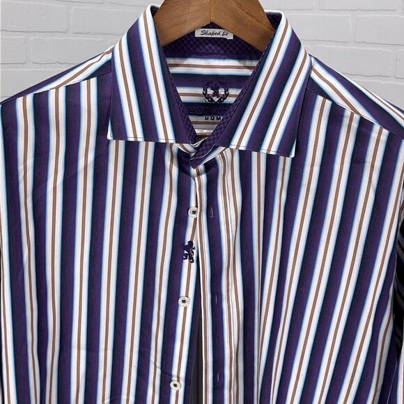 Bugatchi Uomo Shirt Mens Purple Tan Stripe Shaped Fit Cotton Classic Dress Party - Picture 2 of 8